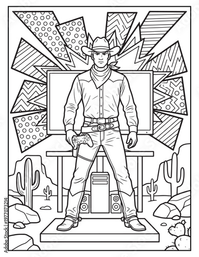 Cowboy gamer standing in desert with video game controller and computer