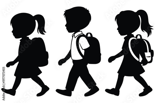 Three black silhouettes of people walking with backpacks