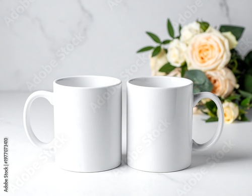 Two White Ceramic Mugs on a Marble Surface with Flowers.