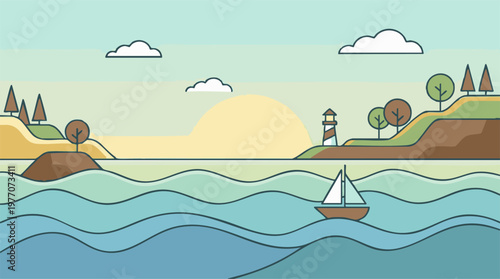 Minimalist coastal landscape with sailboat, lighthouse, and sunrise