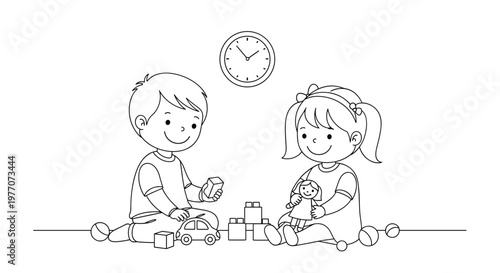 Coloring page for kids showing a young boy and girl happily playing with toy blocks and a car on the floor.