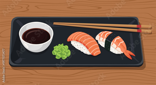 Serving of salmon and shrimp nigiri sushi on a black rectangular plate with soy sauce and wasabi on wood table.