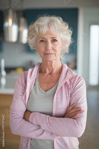 Confident senior woman with crossed arms standing indoors in modern home, captured in soft natural light portrait.