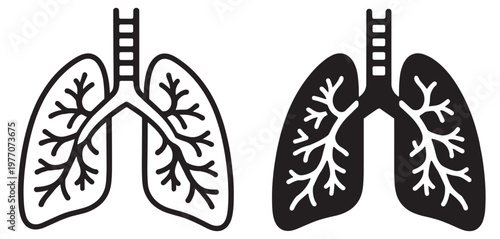human lungs icon, respiratory system anatomy with bronchus and trachea, outline and silhouette vector illustration isolated on transparent background