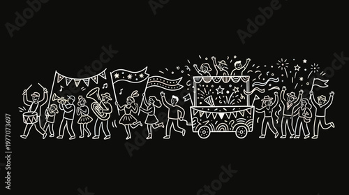 Festive Parade with Musicians Dancers and Celebratory Elements