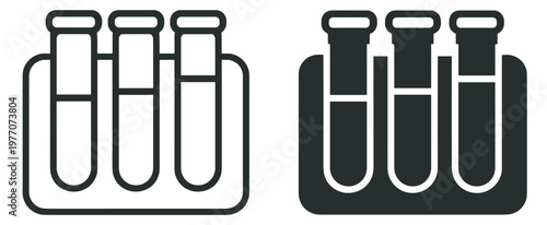 test tube rack icon, laboratory glassware with holder, outline and silhouette vector illustration isolated on transparent background