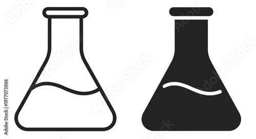 laboratory flask icon, chemistry glassware with liquid, outline and silhouette vector illustration isolated on transparent background