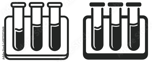 test tube rack icon, laboratory glassware with liquid, outline and silhouette vector illustration isolated on transparent background