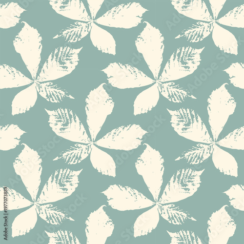 Seamless Pattern of White Chestnut Leaf Prints, Hand Stamped Botanical Texture on Sage Green Background for Organic Textiles, Eco-Friendly Branding, and Minimalist Home Decor. Vector illustration
