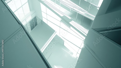 Modern architecture creating an abstract composition with geometric lines, bright windows, and strong reflections of natural light across clean surfaces