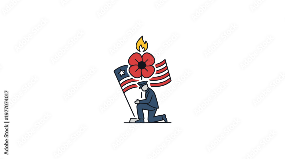 Fototapeta premium Memorial Day Graphic Poppy American Flag and Kneeling Figure