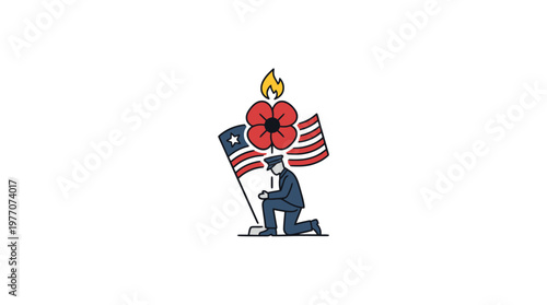 Memorial Day Graphic Poppy American Flag and Kneeling Figure
