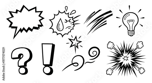 Comic Book Sound Effects and Symbols: Explosion, Lightbulb, Question Mark, Exclamation Mark, Speech Bubble