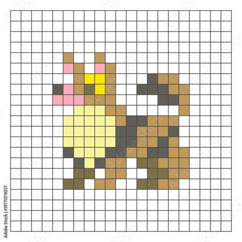 A flat pixel design made of geometric square color blocks on a clean grid layout. Pixel art dog