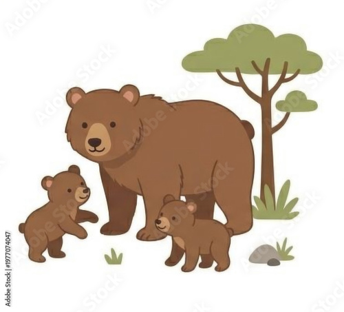 Cute brown bear family with mother and cubs, adorable grizzly bear character with forest tree vector
