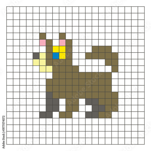 A flat pixel design made of geometric square color blocks on a clean grid layout. Pixel art dog