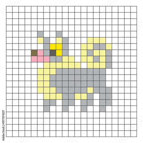 A flat pixel design made of geometric square color blocks on a clean grid layout. Pixel art dog