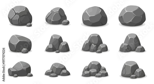 Collection of Gray Rocks and Stones on White Background, Top View
