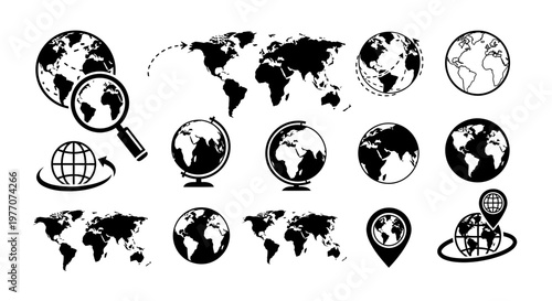 World Map and Globe Icons: Exploration, Travel, and Global Concepts Collection