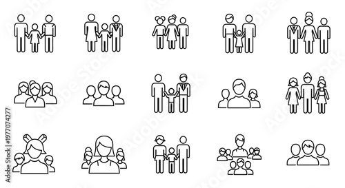 Diverse Family Icon Set: Representing Various Family Structures and Generations