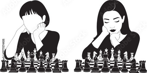 Silhouette of a focused woman playing chess thinking about strategy vector illustration isolated on white background

