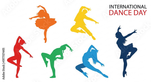 Diverse dancers in colorful silhouettes performing various ballet and modern dance poses celebrating International Dance Day with vibrant energy isolated on white background