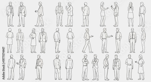 Collection of diverse people standing, walking, and talking, architectural drawing style