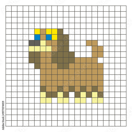 A flat pixel design made of geometric square color blocks on a clean grid layout. Pixel art dog