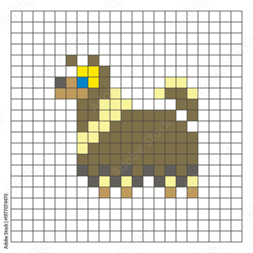 A flat pixel design made of geometric square color blocks on a clean grid layout. Pixel art dog