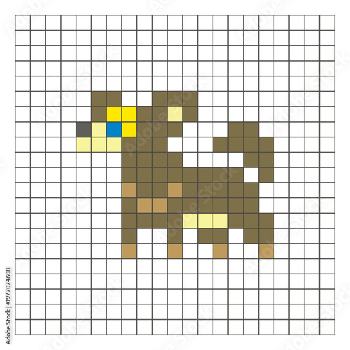 A flat pixel design made of geometric square color blocks on a clean grid layout. Pixel art dog