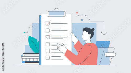 A woman in a red shirt is checking a large clipboard with a checklist next to a laptop and books.