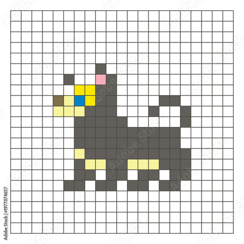 A flat pixel design made of geometric square color blocks on a clean grid layout. Pixel art dog