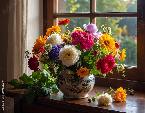 Vibrant Bouquet of Flowers on a Windowsill.