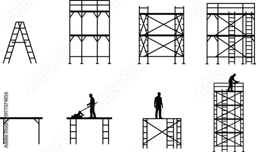 Scaffolding and ladder silhouette set, construction platform structures, worker on scaffold, building maintenance height access equipment, industrial framework vector