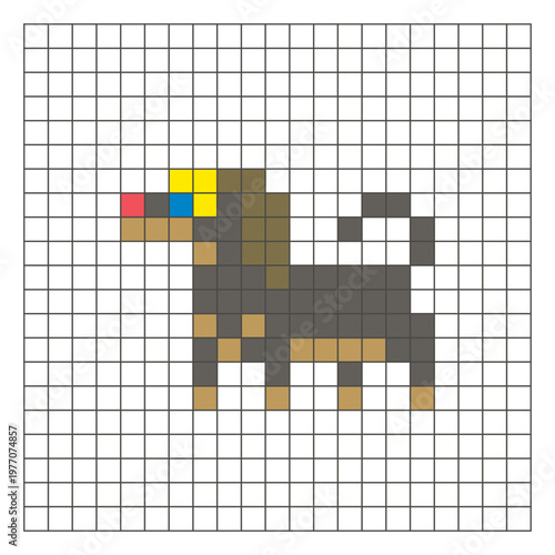 A flat pixel design made of geometric square color blocks on a clean grid layout. Pixel art dog