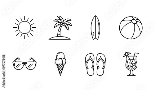 Summer beach line icon set with sun palm tree surfboard ball sunglasses ice cream flip flops cocktail vector