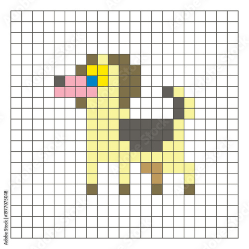 A flat pixel design made of geometric square color blocks on a clean grid layout. Pixel art dog