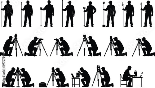 Surveyor engineer silhouette set, land measurement equipment tripod, construction site surveying work, mapping inspection team, professional geodetic tools vector