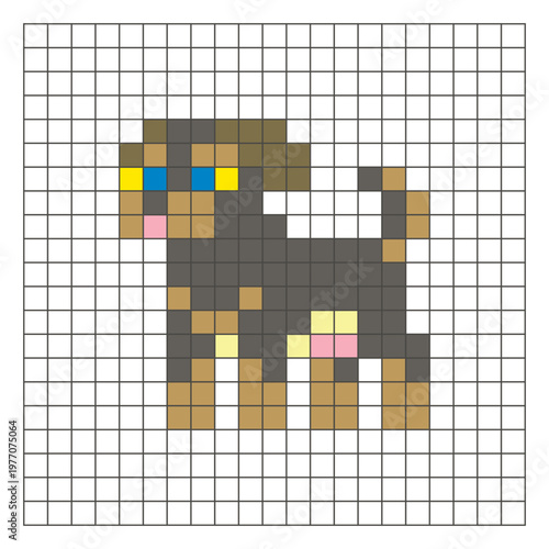 A flat pixel design made of geometric square color blocks on a clean grid layout. Pixel art dog