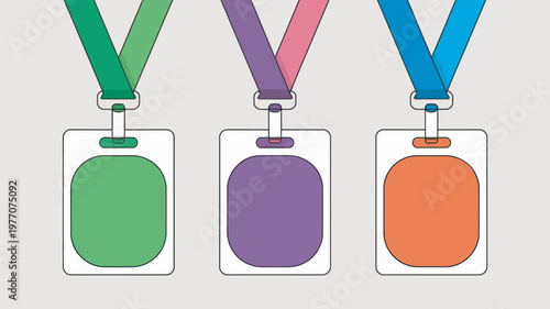 A set of colorful blank id badges on lanyards for identification purposes