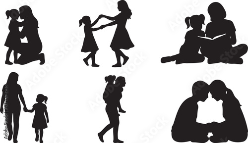 Mother and daughter silhouette collection, black vector set of 6 parent and child bonding moments, maternal love and family connection icons, silhouettes of woman and girl playing and reading