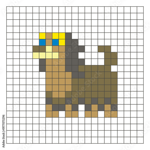 A flat pixel design made of geometric square color blocks on a clean grid layout. Pixel art dog