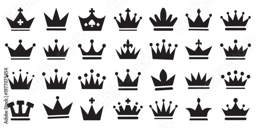 Assortment of regal crowns and power symbols, a collection of authority icons.