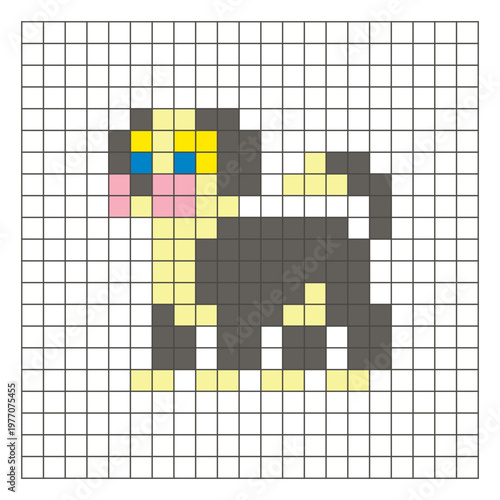 A flat pixel design made of geometric square color blocks on a clean grid layout. Pixel art dog