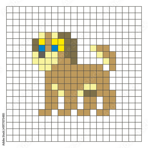 A flat pixel design made of geometric square color blocks on a clean grid layout. Pixel art dog