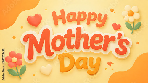 Happy mothers day 3d text with hearts and flowers on a warm background