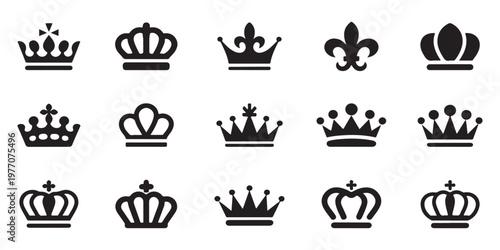 Collection of royal crown and fleur de lis symbols icons set vector graphic elements black white.