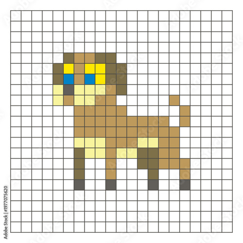 A flat pixel design made of geometric square color blocks on a clean grid layout. Pixel art dog