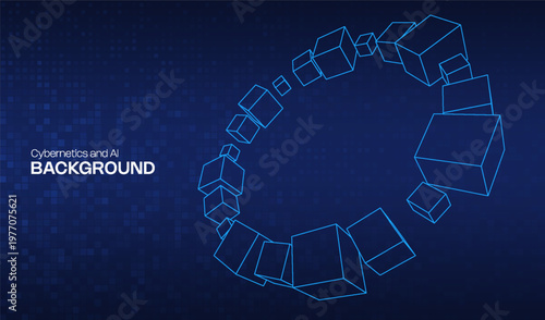 Abstract vector cube for 3d geometric design element and background technology block. Concept blue box for illustration network business and digital futuristic big data. Abstract ai blockchain.