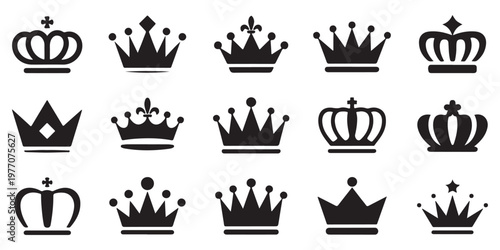 Black crown icons set in flat style isolated on white background with royal headgear symbols for king or queen.